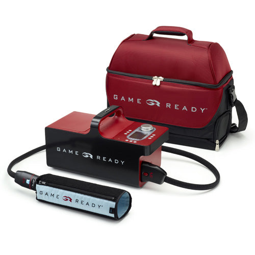 Kit completo Game Ready con dispositivo, tutore e borsa per il trasporto di colore rosso e nero con logo Game Ready
