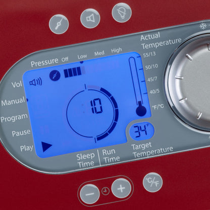 Display del dispositivo Game Ready che mostra temperatura impostata a 34°F, modalità di pressione, volume, e tempo di trattamento